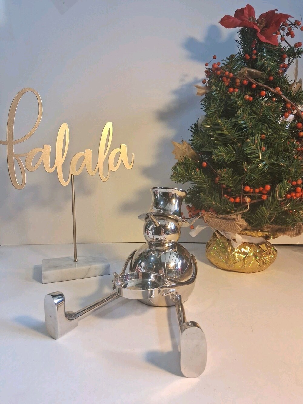 Crate & Barrel Cast Aluminum Silver/Chrome Sitting Snowman Candle Votive Holder;